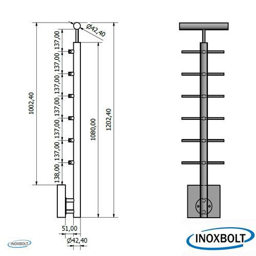 6 soros oldalt szerelt korlátoszlop D42,4mm