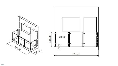 Üvegbetéthez való rozsdamentes korlát rendszer 1+3+1m (kapaszkodó nélküli)