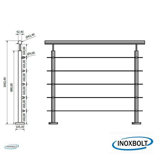 5 sodronytartós talpra szerelt korlátoszlop D42,4mm