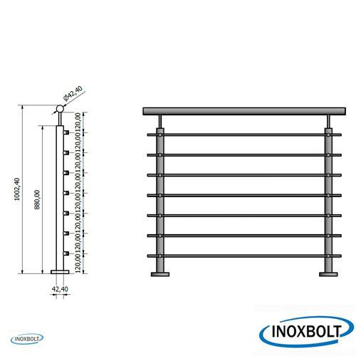 7 soros talpra szerelt korlátoszlop D42,4mm
